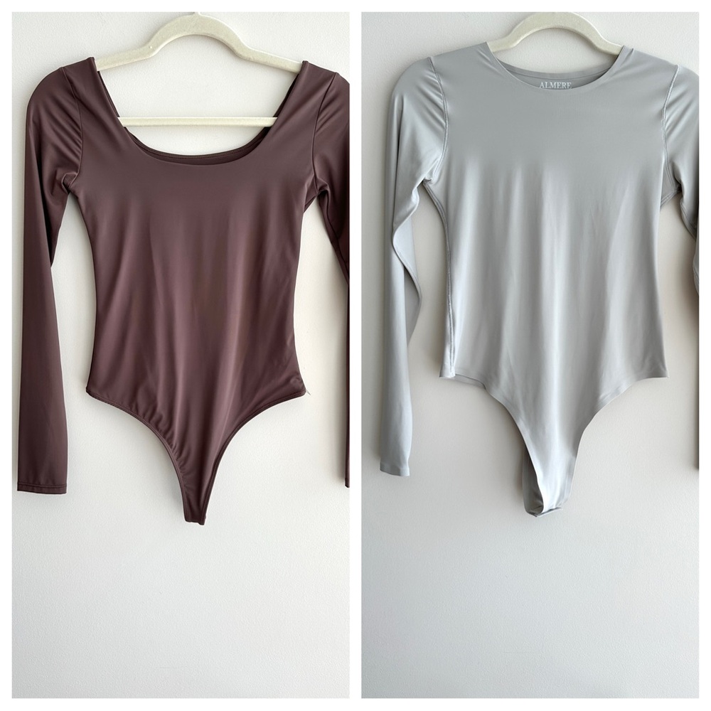 Set of 2 Almere Seamless Long Sleeve Spandex Bodysuits, Brown/Taupe, Size Small